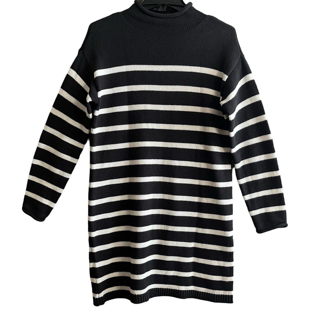 Black White Striped Mock Neck Long Sleeve Sweater Dress Size S